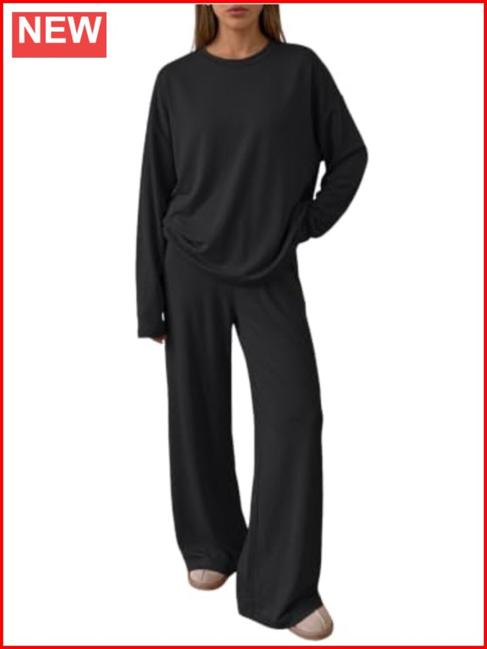 2 Piece Lounge Set Crew Neck Top Wide Leg Pants Relaxed Fit Long Sleeve